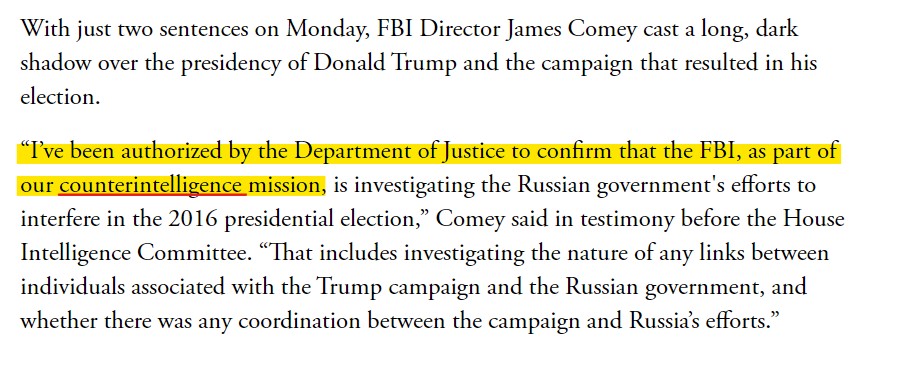 Another piece of evidence that CFH was never a CI was Comey's testimony in Mar 2017 where he said he had been authorized by Sessions/Boente to announce that the FBI had initiated a CI investigation on the Trump Campaign