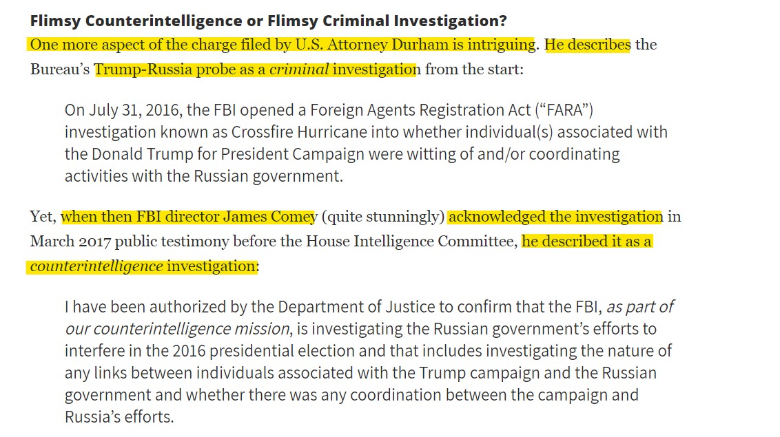The last piece of evidence that CFH was NEVER a CI comes from Barr/Durham in the Clinesmith filing were they called CFH a FARA INVESTIGATION. So what does this mean?