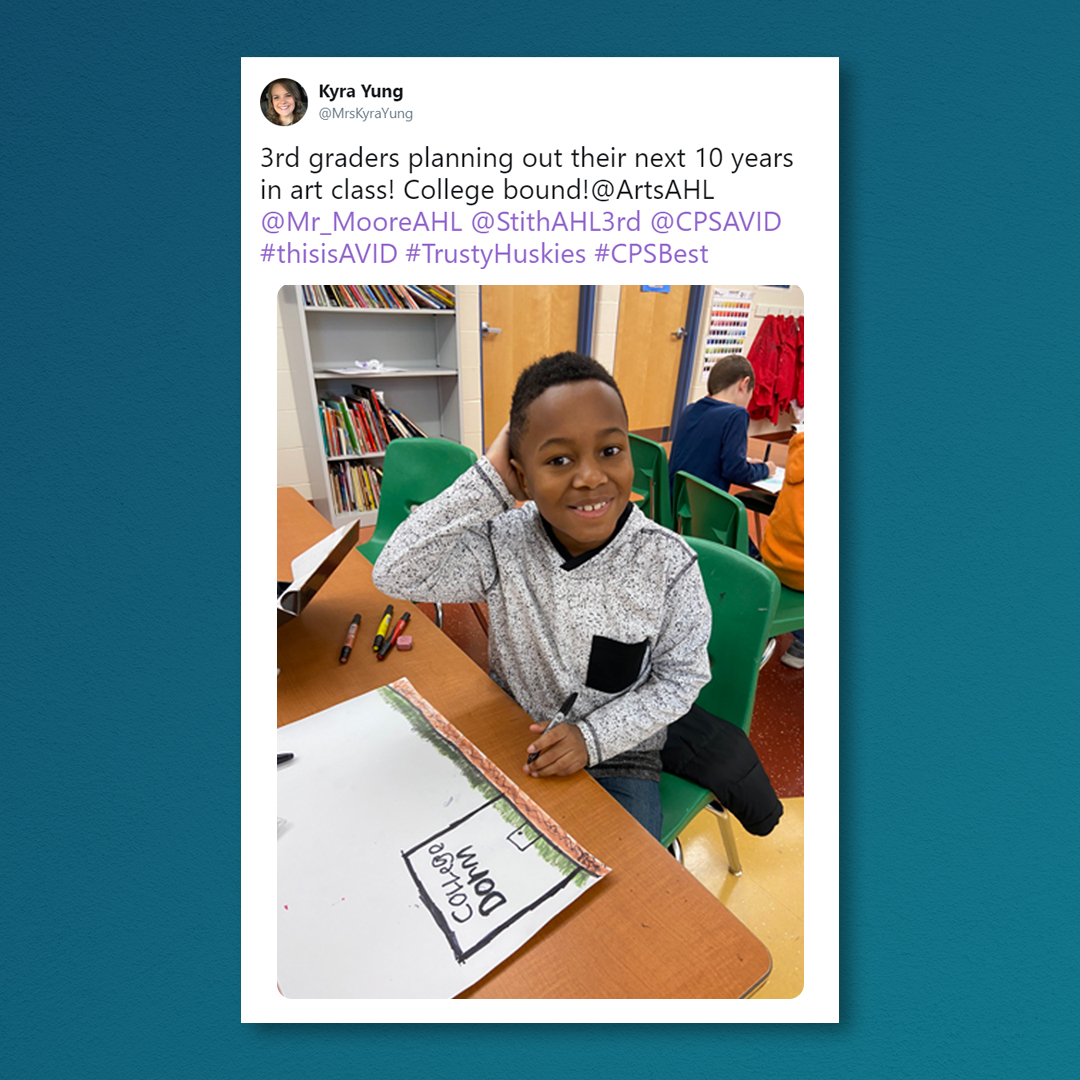 AVID4College's tweet image. Students should learn about their postsecondary options early and often! #AVIDElementary #ThisIsAVID #Education #teaching #teacher #edleadership
@MrsKyraYung