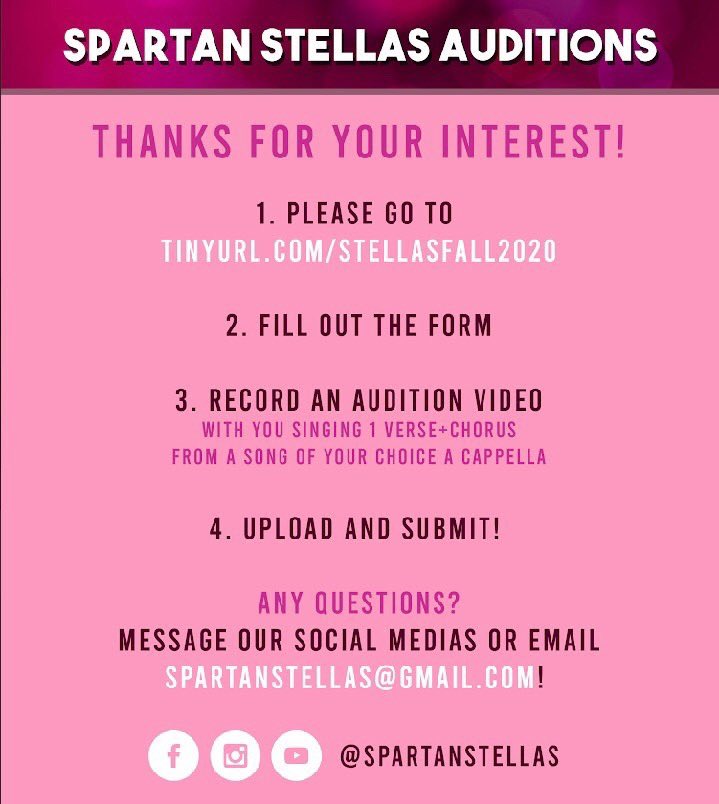 Check out the Spartan Stellas auditions happening this week✨ They are the only all female A Cappella group on campus and are looking for singers and Beatboxers! The deadline to submit video auditions is Sept 11th! 

For more information about auditions: tinyurl.com/stellasfall2020