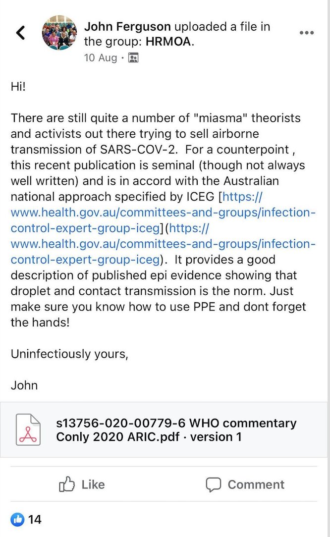 This is Prof John Ferguson, member of ICEG, the peak Australian infection control advisory body. He thinks people trying to 'sell airborne transmission' are 'miasma theorists and activists'.

We have over 3000 HCWs infected. 

Um, Houston, we, er, have a problem.

1/9