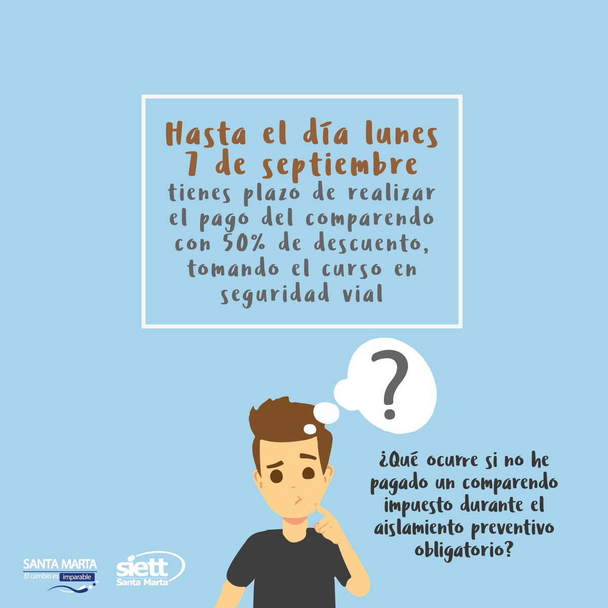⚠️¿Qué ocurre si no he pagado un comparendo impuesto durante el aislamiento preventivo obligatorio?
📢El plazo para acceder al 50% dcto en el pago de los comparendos impuestos entre el 17 de marzo y el 31 de agosto del 2020 vence el LUNES 7 DE SEPTIEMBRE.