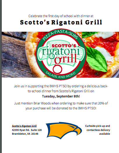 Join us for our first fundraiser of the year! On Sept 8, order dinner from <a href="/Scottosrigatoni/">ScottosRigatoniGrill</a> and 20% will go back to the PTSO!