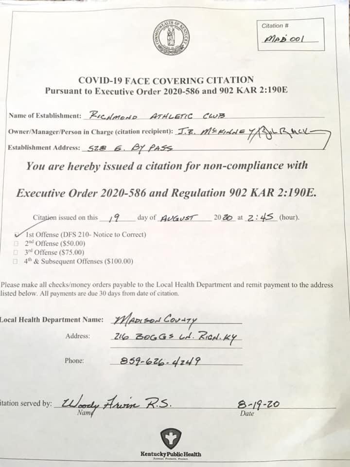 ...that we make the most of every opportunity that presents itself. Legislators on this committee need to hear how the Governor's facemask regulation has impacted Kentuckians. If you recall, we posted a couple weeks about how Richmond Athletic Club was cited by the local...3/8