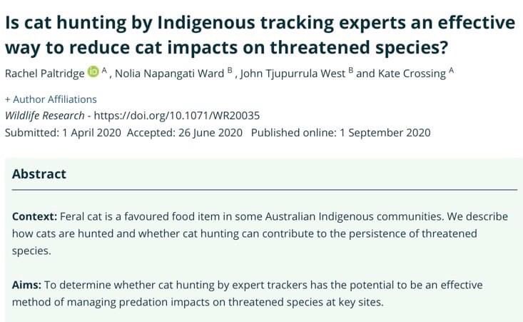 doi.org/10.1071/WR20035

Great paper by Paltridge et al documenting Indigenous feral cat hunting techniques around threatened species habitats in the western deserts