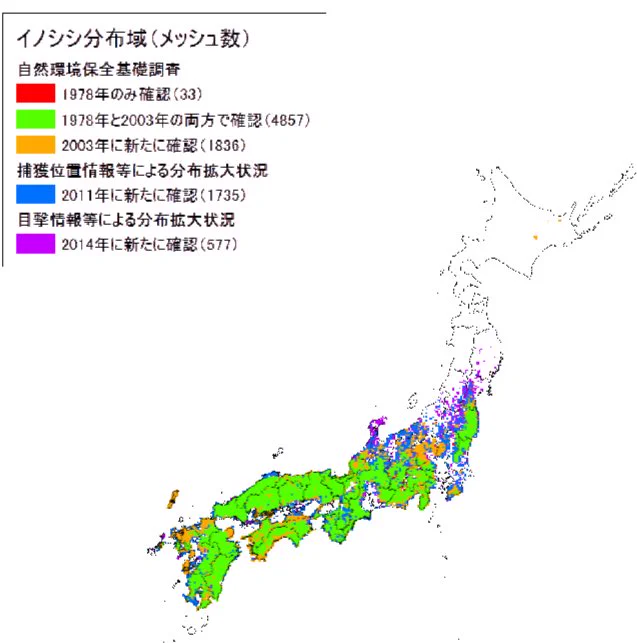 RT イノシシ騒動で警察に批判の声が上がってるけど、新潟県は数年前までイノシシおらんかったから警察も住民も全員イノシシの対処法を知らないんだよぉ。多分。
(画像1枚目は環境省HPより引用) 