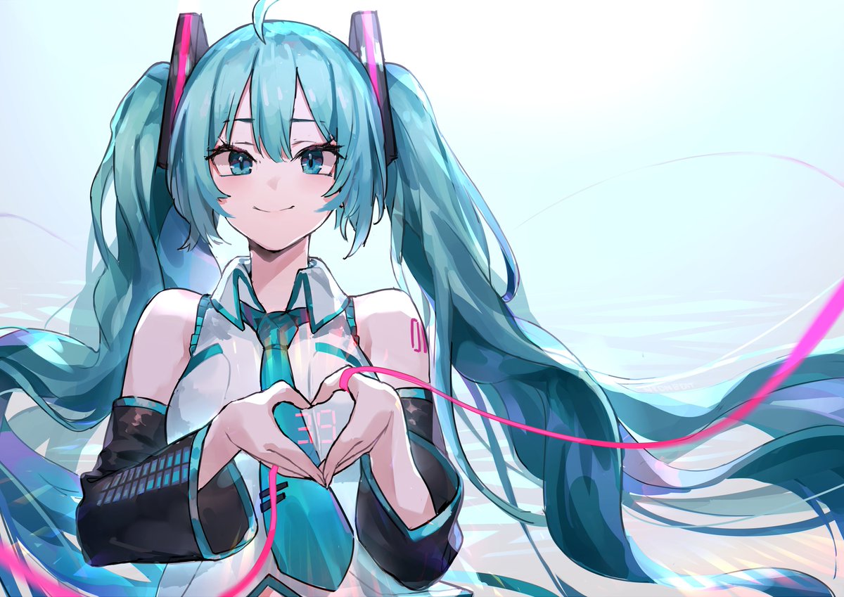 hatsune miku 1girl solo heart hands long hair twintails necktie smile  illustration images