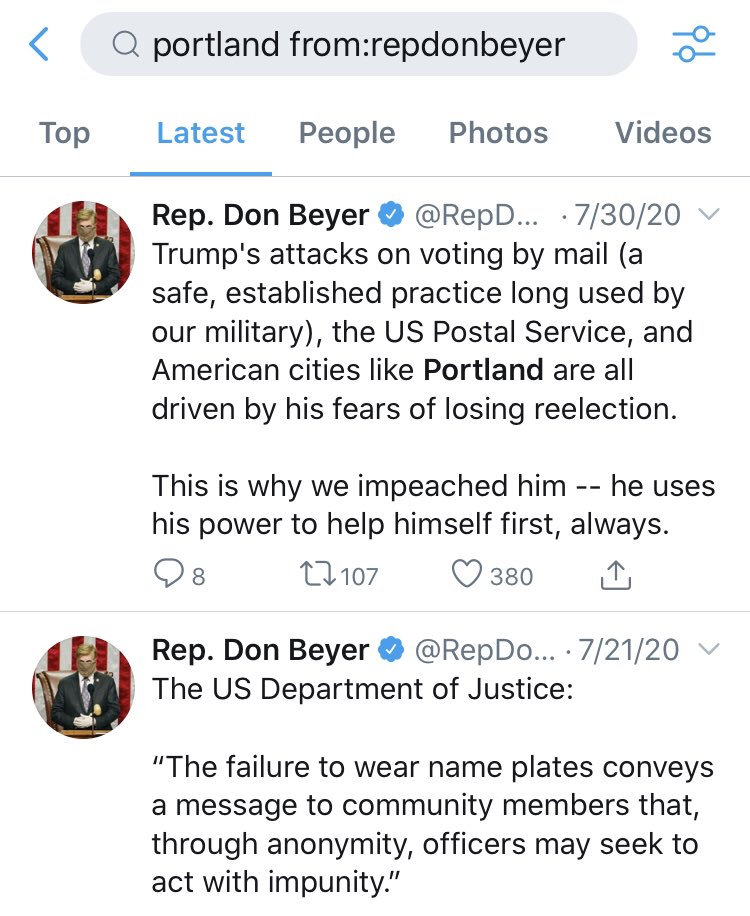 There were more legislators, but I’m short on space. Here’s  @RepDonBeyer doing the same as Murphy (just with Kellyanne Conway as subject). Still nothing about Portland. Why are Democrats silent on the politically motivated killing in Portland?