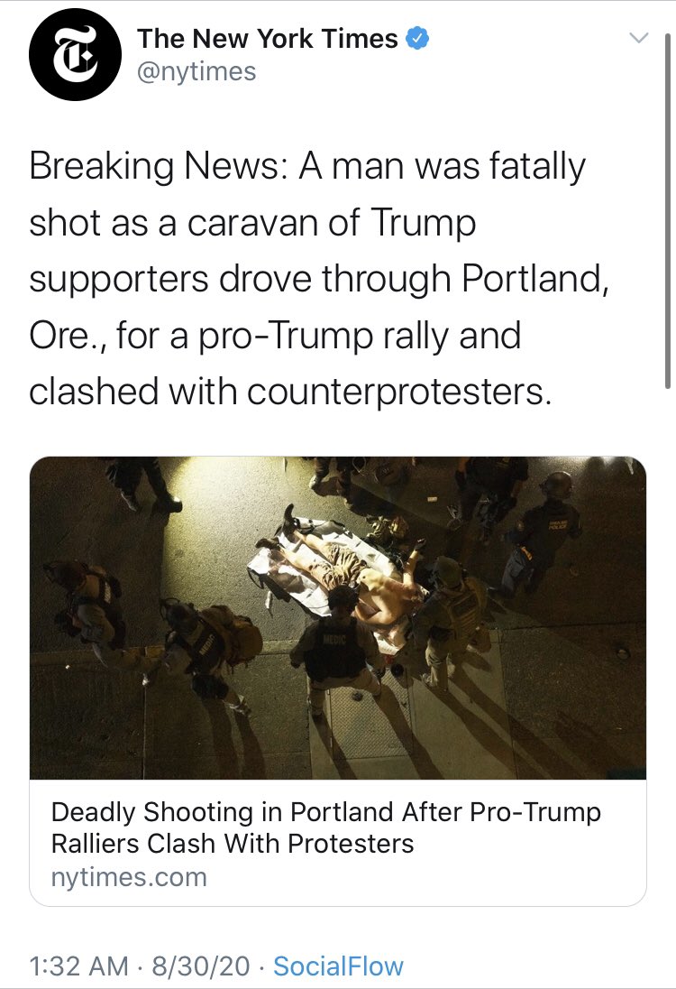  @nytimes went out of their way to demonize the shooter in Kenosha, while simultaneously both-sidesing the “clash” in Portland. Absent this tweet is the fact that, in the latter, a Trump supporter was targeted and executed for visibly being one.