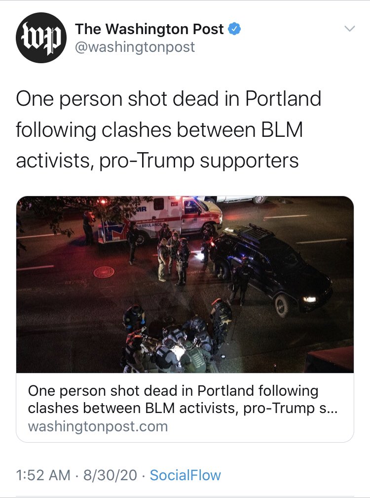  @Washingtonpost with the reminder that “news analysis” should be struck from the face of the earth. They did the same absent-attribution both-sidesism about the Portland shooting. Something tells me that if it were a Biden supporter shot dead, that detail would be in the tweet.