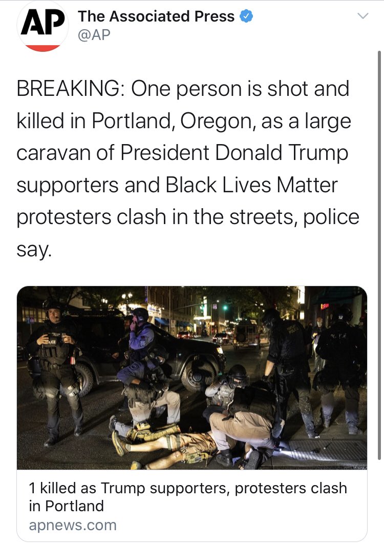 Same thing out of  @AP. Readers are left to wonder who died as a result of the pro-Trump rally, to hear it from them. But Trump’s comments about Rittenhouse are worth a fact checking. Something tells me we won’t get a fact check about the Portland shooting.