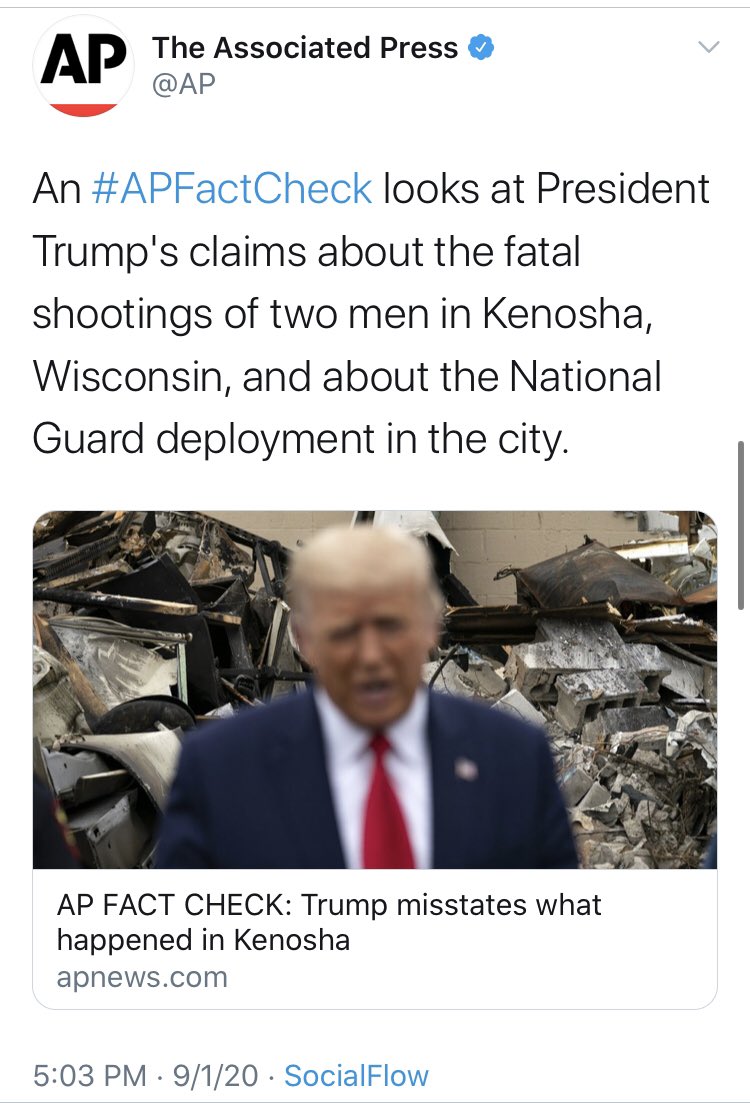 Same thing out of  @AP. Readers are left to wonder who died as a result of the pro-Trump rally, to hear it from them. But Trump’s comments about Rittenhouse are worth a fact checking. Something tells me we won’t get a fact check about the Portland shooting.