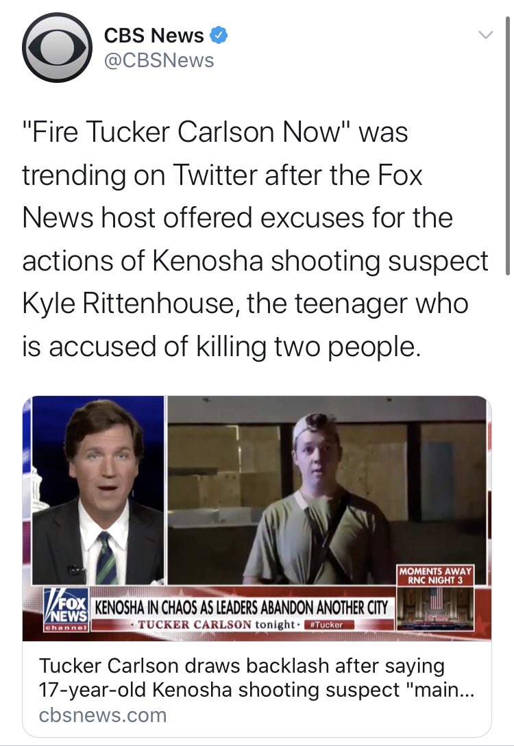  @CBSNews got in on the action too. More faux outrage over  @TuckerCarlson.No telling who was shot and killed, or who might have done the shooting and killing. I suspect that if it had been anything but an Antifa member at a BLM protest killing a Trump supporter we would know.