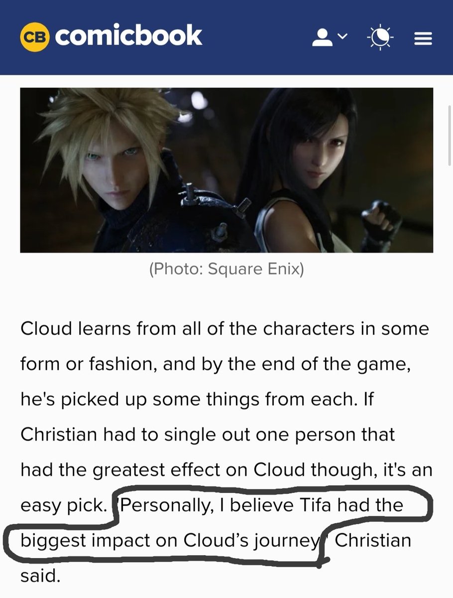 Cody Christian (Cloud's EN VA)Source :  https://comicbook.com/gaming/news/final-fantasy-vii-remake-cloud-cody-christian-interview-spin-icon/Even if you look in the most neutral and objective way, it's Tifa who has the greatest impact in Cloud's journey because a fact's a fact.
