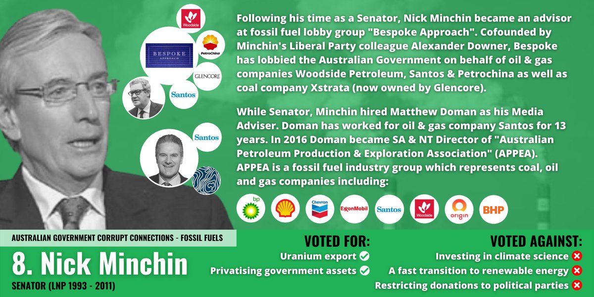 Australian Government Corrupt Connections - Fossil Fuels#8/17Nick Minchin,  @AlexanderDowner, Bespoke Approach,  @WoodsideEnergy  @MattDoman,  @SantosLtd &  @APPEALtd.  #ICACNow