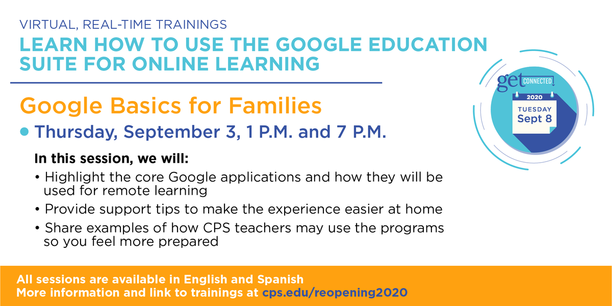 ChiPubSchools's tweet photo. Get to know the Google Education Suite for online learning -  today’s virtual, real-time training will focus on Google basics for families. 

Training in English: https://t.co/a9OKwIabpy
Training in Spanish: https://t.co/b3M4RR9dKc https://t.co/JAwOKSHRwT