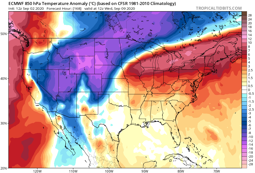 ECMWF really trying to put the brakes on next week's much-adverised cold shot for the Midwest, while the GFS is having none of it. Ensembles show the same pattern
