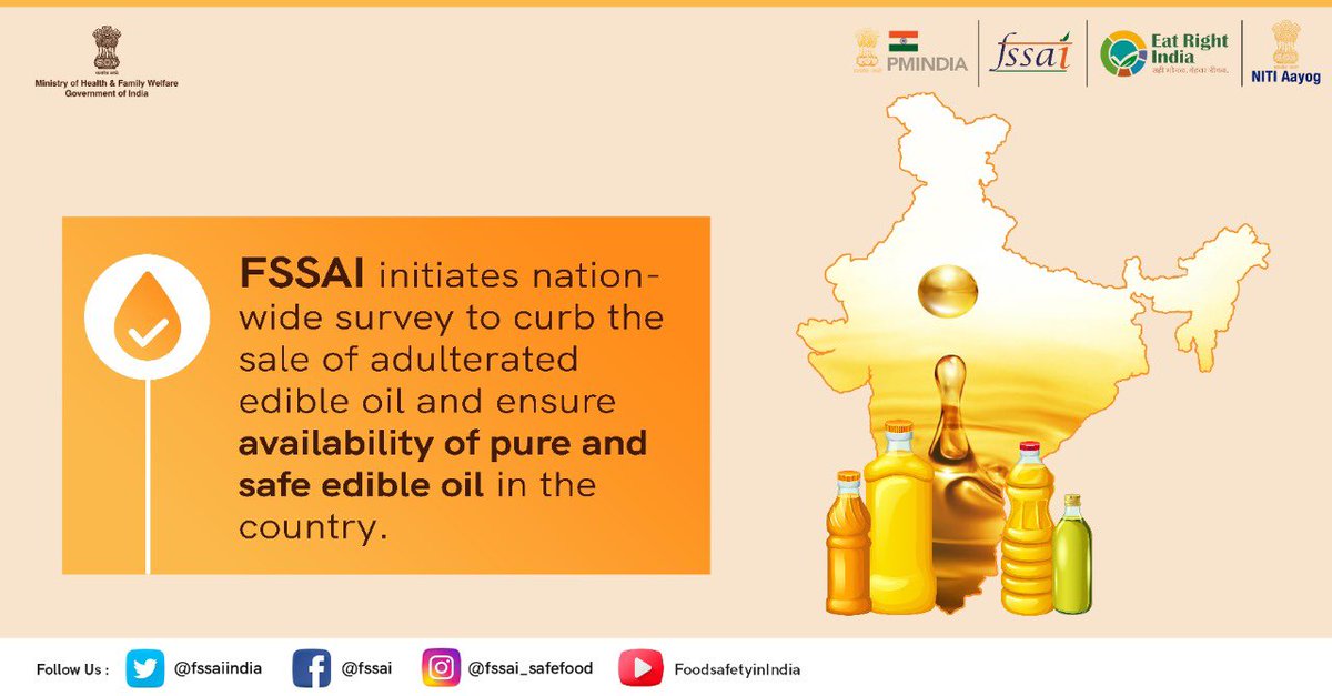 fssaiindia's tweet photo. To ensure availability of pure and safe edible oils in the country, a Pan India survey is conducted by FSSAI covering samples from all metro cities to small districts and even difficult terrains including Ladakh, Daman &amp; Diu and Andaman.
@MoHFW_INDIA @MIB_India @PIB_India https://t.co/67KaVHOgtS
