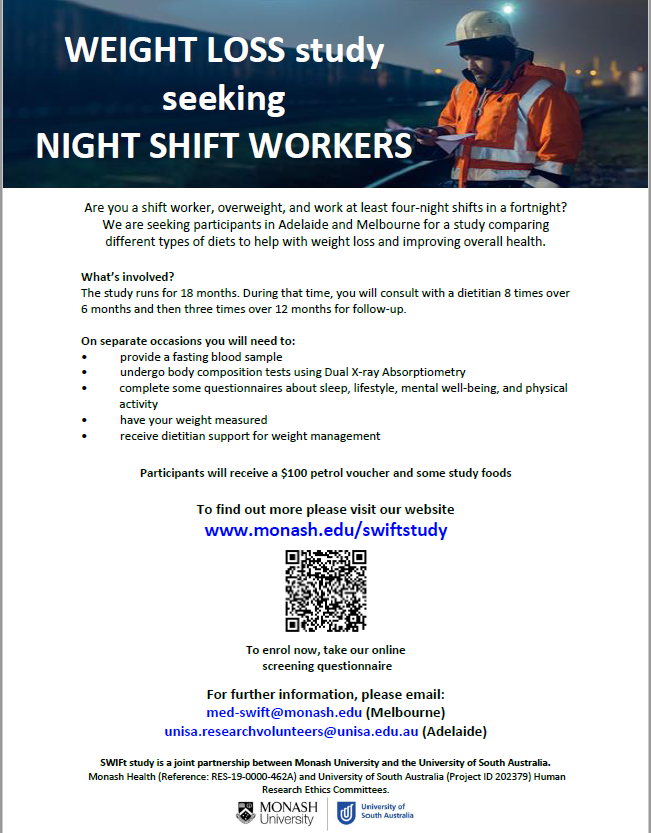 Alison Coates (@alisoncoates1) on Twitter photo Thank you <a href="/eduinnutrition/">EducationInNutrition</a> for sharing information about the SWIFt #weightloss study - we are seeking night #shiftworkers in #Adelaide and #Melbourne to be involved <a href="/BBBRC_/">Behaviour-Brain-Body</a> <a href="/ARENA_UniSA/">ARENA</a> <a href="/MonashNutrition/">Monash Nutrition</a> <a href="/MaxineBonham/">Maxine Bonham</a> <a href="/MHeadland43/">Dr Michelle Rogers (nƩe Headland)</a> <a href="/marinaiacovou/">Dr Marina Iacovou</a> Thank you <a href="/eduinnutrition/">EducationInNutrition</a> for sharing information about the SWIFt #weightloss study - we are seeking night #shiftworkers in #Adelaide and #Melbourne to be involved <a href="/BBBRC_/">Behaviour-Brain-Body</a> <a href="/ARENA_UniSA/">ARENA</a> <a href="/MonashNutrition/">Monash Nutrition</a> <a href="/MaxineBonham/">Maxine Bonham</a> <a href="/MHeadland43/">Dr Michelle Rogers (nƩe Headland)</a> <a href="/marinaiacovou/">Dr Marina Iacovou</a>