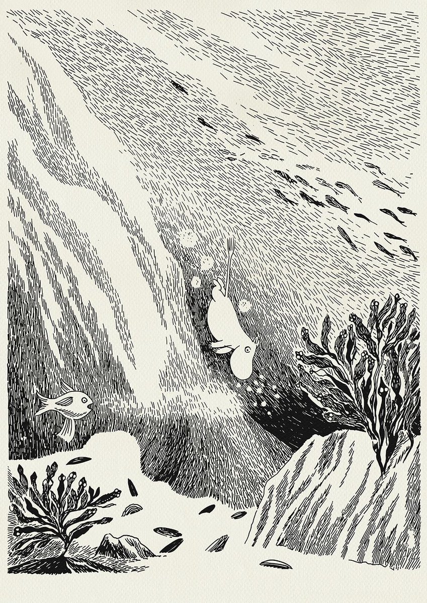 Here's Tove Jansson's original drawing. He's swimming downwards, see? And the plant has eyes. I love how dark some of these illustrations are, about forest creatures in the night. I feel like he's a little uncertain about what he's doing. As are we all.