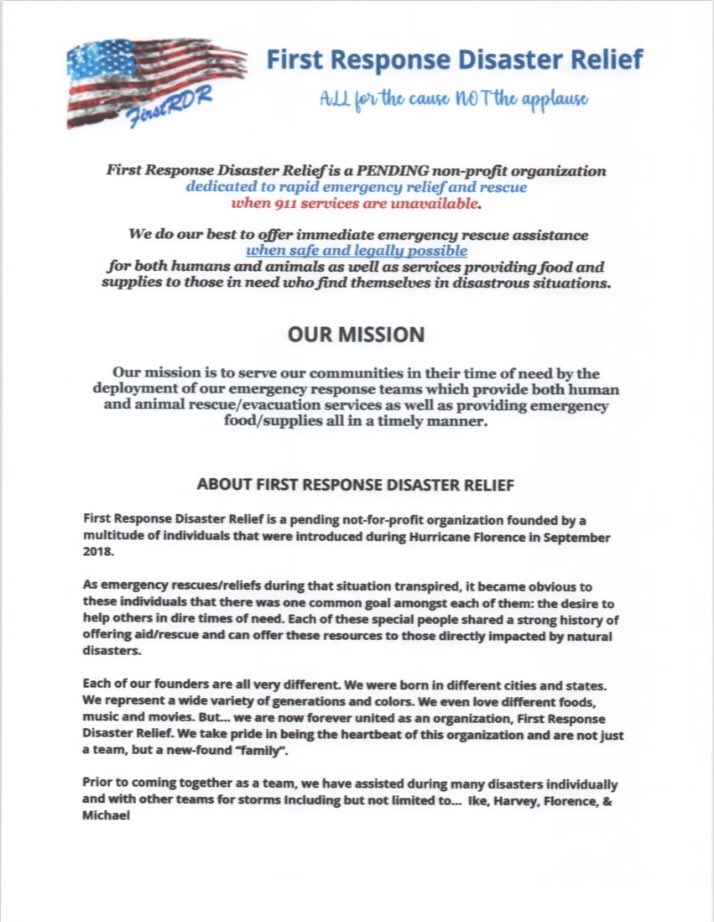 First_RDR's tweet photo. Information regarding @First_RDR / First Response Disaster Relief’s mission, pending non-profit status, and contact information: https://t.co/8c9Qw4APuK