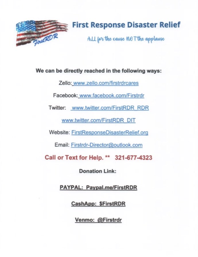 First_RDR's tweet photo. Information regarding @First_RDR / First Response Disaster Relief’s mission, pending non-profit status, and contact information: https://t.co/8c9Qw4APuK