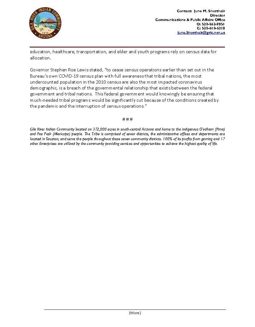 Gila River Indian Community Joins Census Litigation to Continue Operations to October 31, 2020