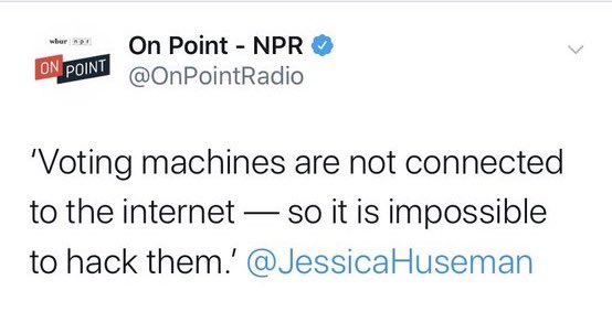 So this very misinformed individual just got a gig on  @CNN advising about election security for the 2020 election. (What she told NPR here was false.) 1/