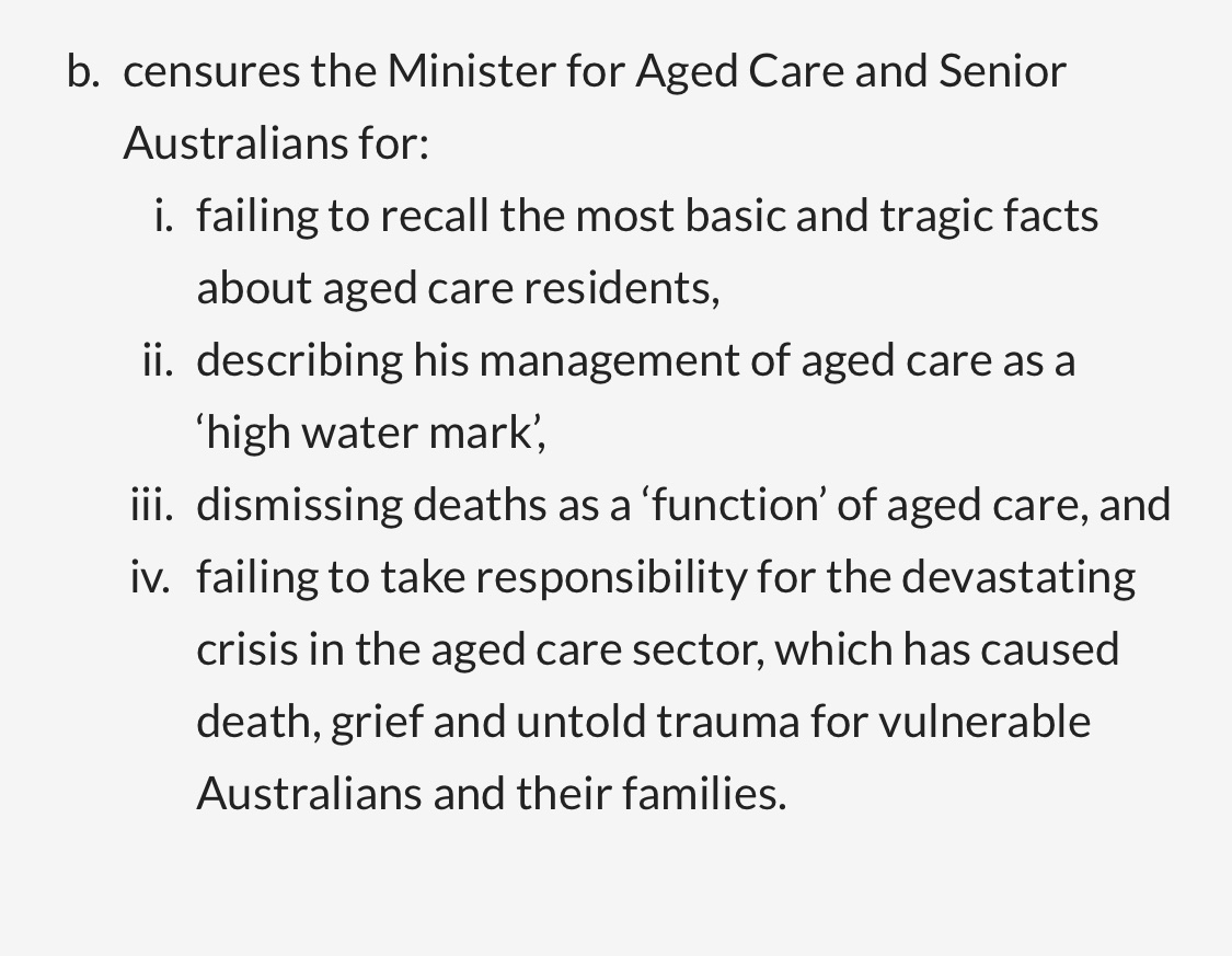 Labor, the Greens, Rex Patrick, Jacqui Lambie and Stirling Griff joined forces in the Senate to censure Aged Care Minister Richard Colbeck for 👇🏼 #auspol