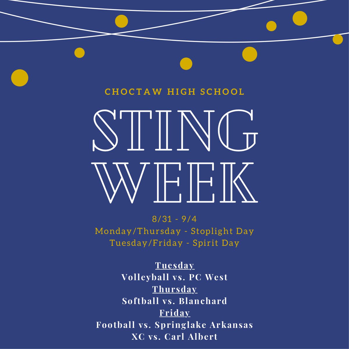 Don’t forget, dress up days for GOLD tomorrow and Friday! Check out Volleyball Senior Night tomorrow @ 6pm and Softball @ 7:30pm! <a href="/ChoctawVolleyb/">Choctaw Volleyball</a> <a href="/jacketsftball/">Choctaw High School Softball</a> #STINGWEEK