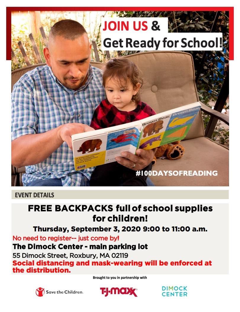 🎒Free backpack pick up 🎒tomorrow at the Dimock Center! No need to register, just wear a mask and stop by from 9am to 11am for your student.