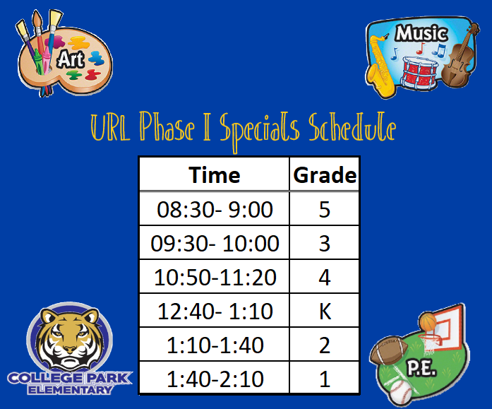 cpes_music's tweet photo. Hey K-2 @NewCollegePk_ES 🐯! Please be aware that the Specials schedule changes next week when we got to f2f Phase 1! 2nd graders, your time doesn't change, but just be aware that if we don't start on time, it's because we're wrapping things up with Kindergarten! https://t.co/RUl4Dmq8kb