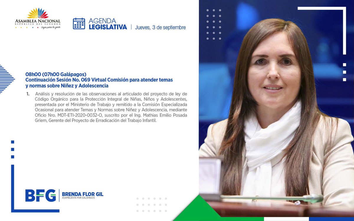 BrendaFlorGil's tweet photo. Estimados todos, aquí la agenda que desarrollaremos mañana, jueves 3 de septiembre en la Comisión para atender temas y normas sobre Niñez y Adolescencia. 

#SomosGalápagos
#ReformasCONA https://t.co/ILDMmcj90B