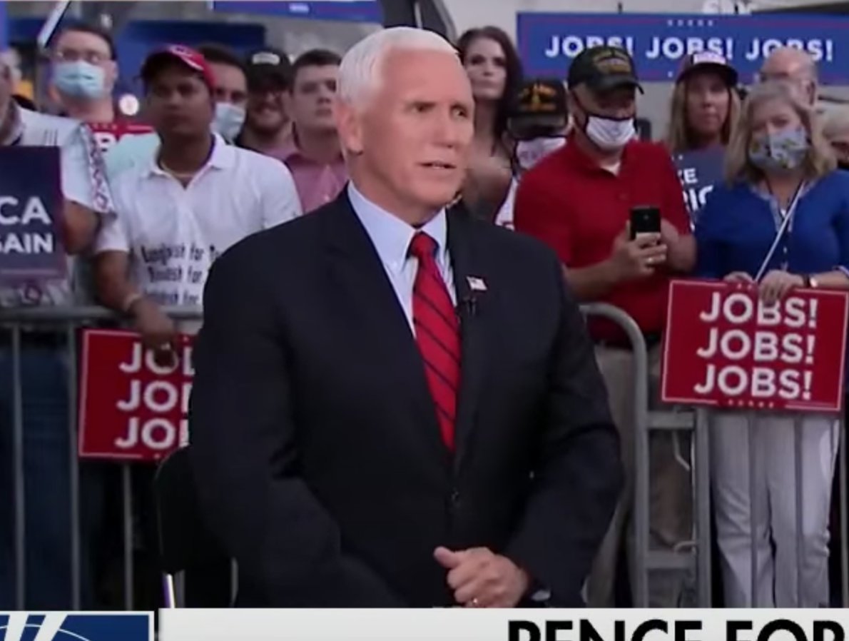 29/ Yet another jacket corner pull and groin protection display occur again after Pence [stuttering] says, "...yeah, I, I, I gotta, I gotta tell ya..." (8:53).