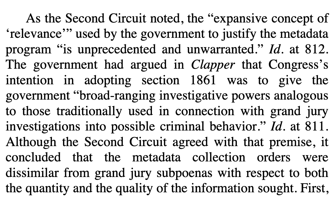 Second, the Ninth Circuit joined the Second Circuit in holding that the NSA's call-records program was unlawful. The gov't argued that the call records of everyone in the country are "relevant" to its terrorism investigations. The court properly rejected that outlandish claim.