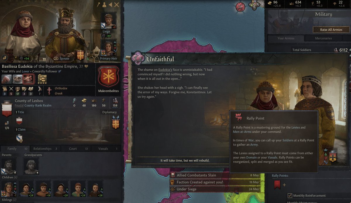 tell me more about how you convinced yourself you did nothing wrong here, Eudokia(also, ignoring the tooltip which is a whole other UI issue, please note that a) this guy is still at war while this all is going down; b) the son this guy had sex with is also his heir)