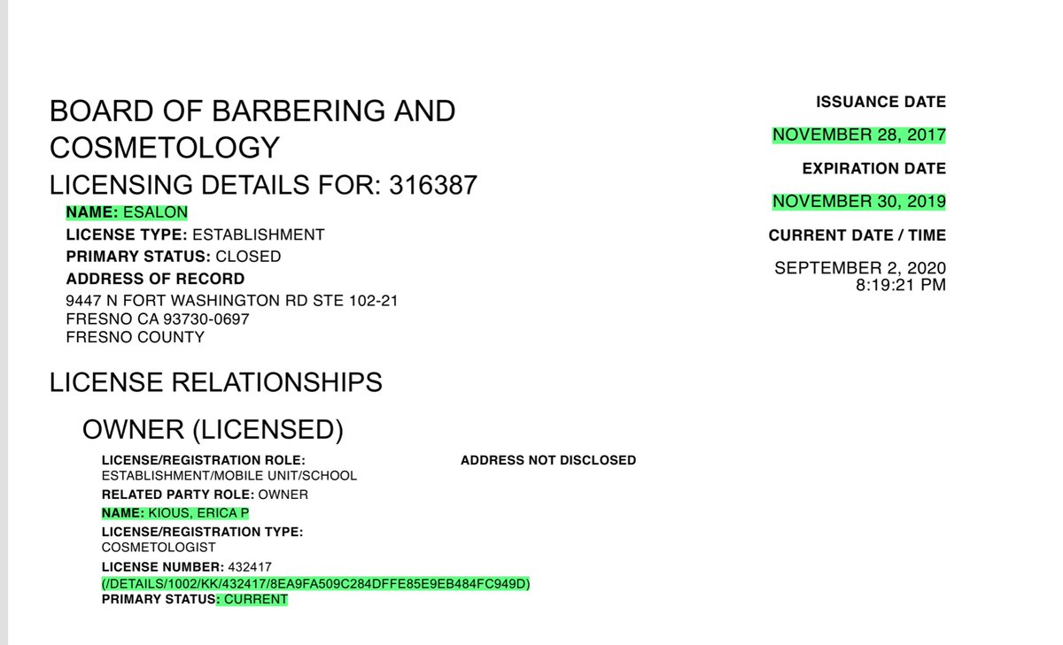To clear her “personal” cosmetology license is still valid.But her ESalon at this business address has expired 9447 N FORT WASHINGTON RD STE 102-21And yes it’s ALL public info but I did redact some info, out of an abundance of cautionI don’t dox... https://search.dca.ca.gov/results 