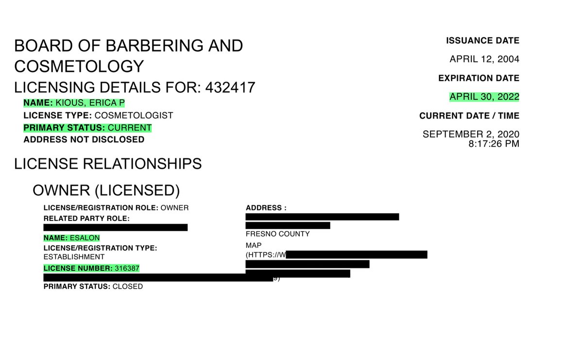 To clear her “personal” cosmetology license is still valid.But her ESalon at this business address has expired 9447 N FORT WASHINGTON RD STE 102-21And yes it’s ALL public info but I did redact some info, out of an abundance of cautionI don’t dox... https://search.dca.ca.gov/results 