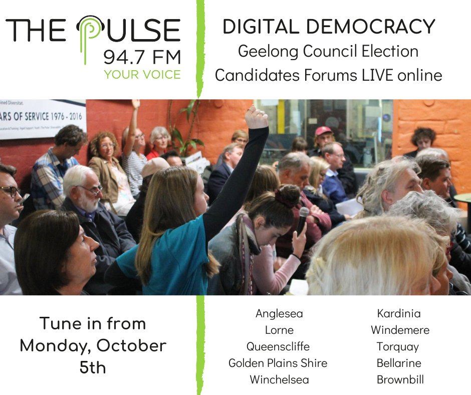 #digitaldemocracy Our Geelong Council Election Candidates Forums will be LIVE and online this year in a week-long event beginning Monday, 5th Oct. Submit your questions to your candidates here and have your say: 947thepulse.com/councilelectio…