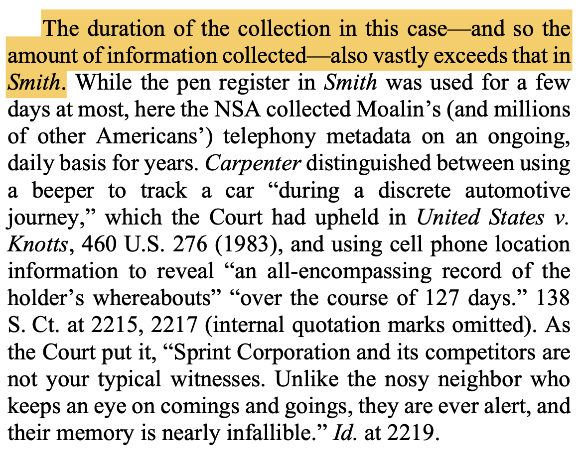 ... that the pervasive collection of call records under the NSA's program was different in kind from the few days of collection in Smith in 1979.