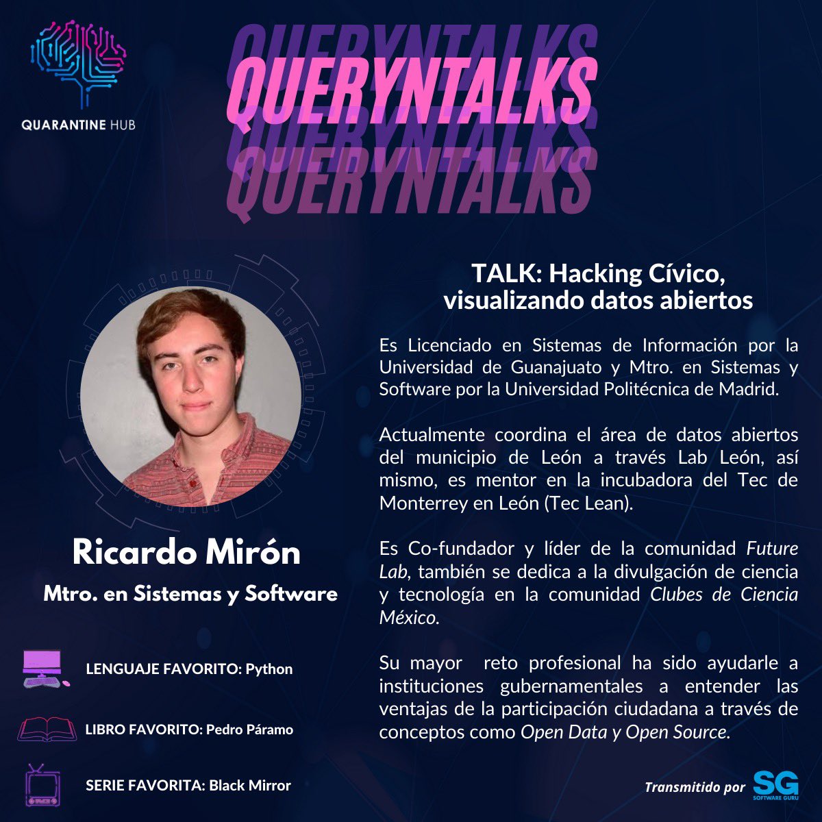 HubQuarantine's tweet photo. ⚠️ ALERTAAAA de #QuerynTalks
@richard016 estará presentando
💻 🔍Hacking cívico, visualizando datos abiertos
¡No te lo pierdas!
📆Viernes 4 de septiembre , 7 pm
🔗Sigue el streaming en:
▪️Youtube:
https://t.co/5BEKpGkZ8s
▪️Fb y Twitch de @RevistaSG
https://t.co/6h0SCPsLyp https://t.co/J2YpzSWZaJ