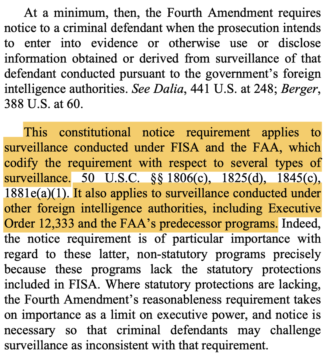 Fourth, the court held that the government must provide notice to criminal defendants prosecuted with evidence obtained or derived from NSA surveillance.
