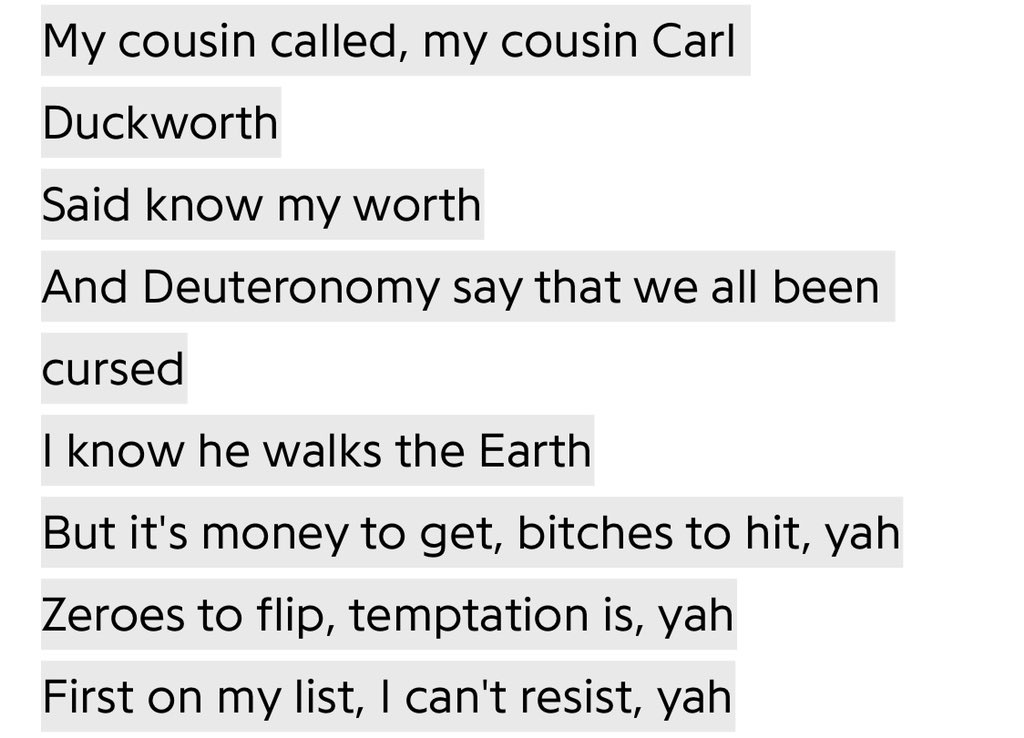 Kenny’s cousin Carl calls to offer him biblical-based guidance while Kenny distracts himself with vices.YAH’s hook is Kenny ignoring God’s call (YAH = Yahweh = God). 5/8