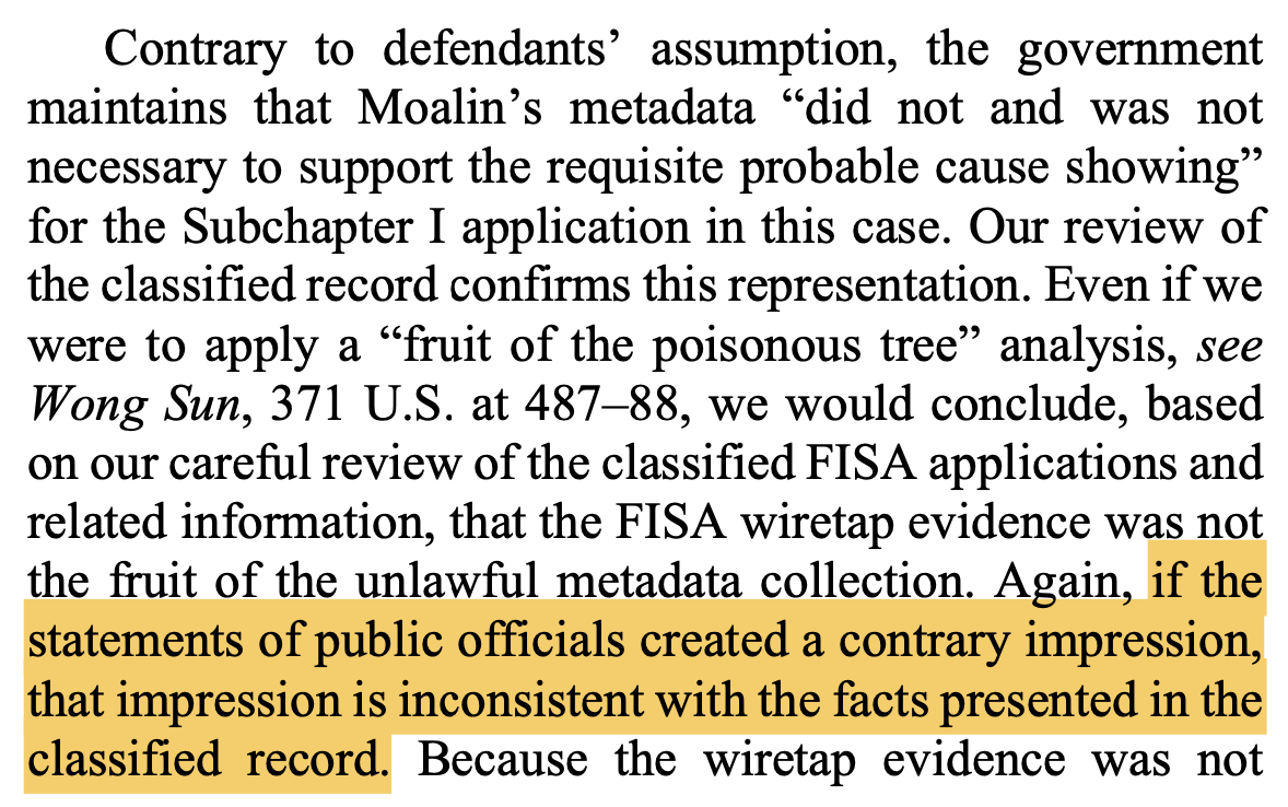 And on that basis, he argued that any evidence "derived from" the call-records program should have been suppressed. The Ninth Circuit rejected that claim, b/c the gov't's public claim about the role of the call-records program was inconsistent with the actual evidence.