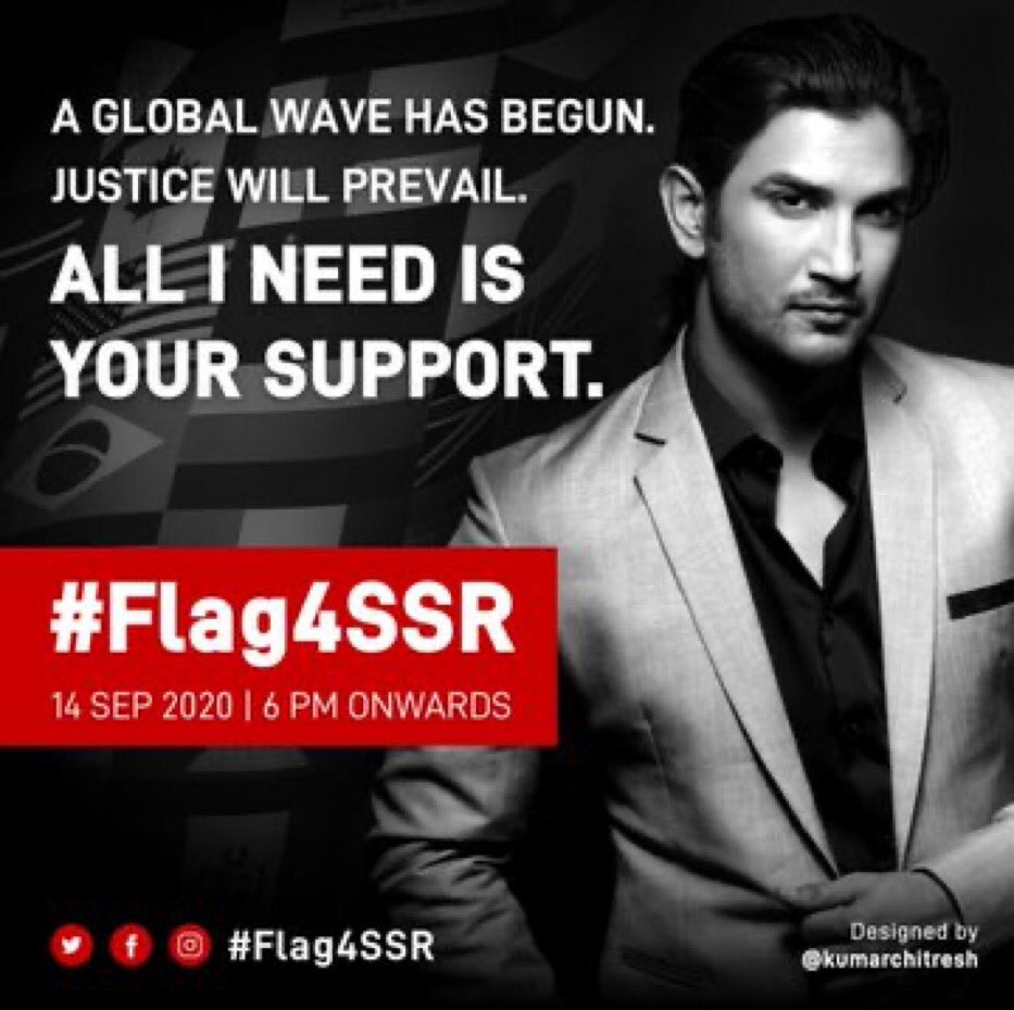 #Flag4SSR (HT) , Get ready to be the part of this family supported Digital Support Campaign.

🔴 14 September | 6PM onwards 🔴

Share maximum and make sure it should reach to every SSRians..

ROAR IT LOUD and CLEAR

#ProbeDishaSSRCaseTogether