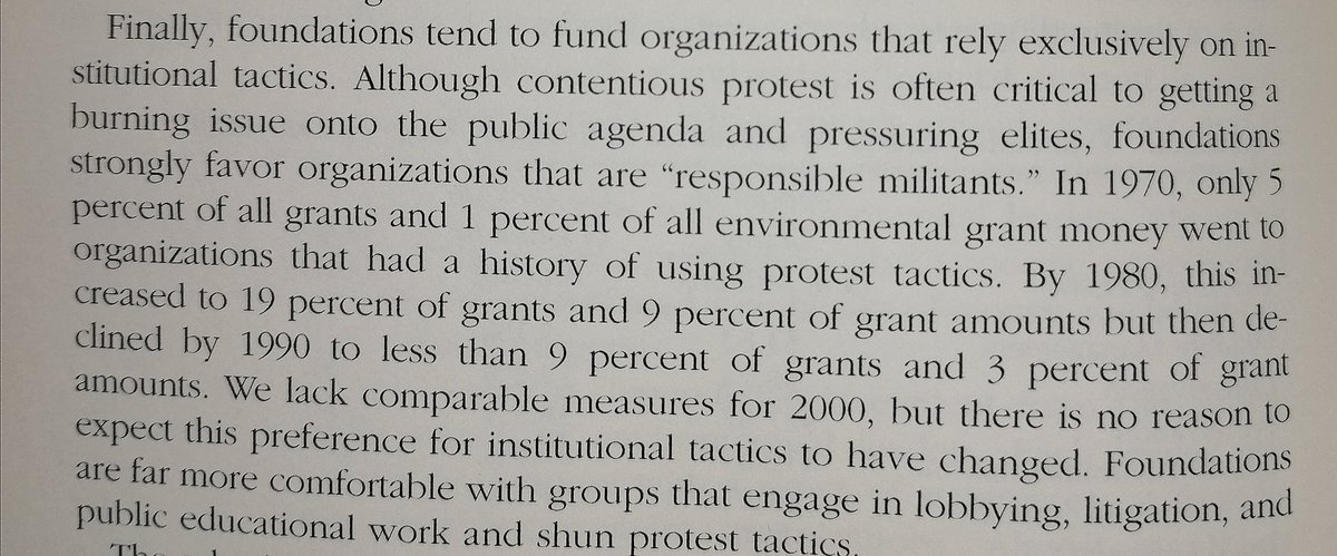 Just finished reading a great chapter by Brulle & Jenkins on "Philanthropy & the Environmental Movement" (in Faber & Mccarthy).Some cracking stuff on movement capture & how funders choices re narratives, org types & tactics can (deliberately or not) skew entire field: