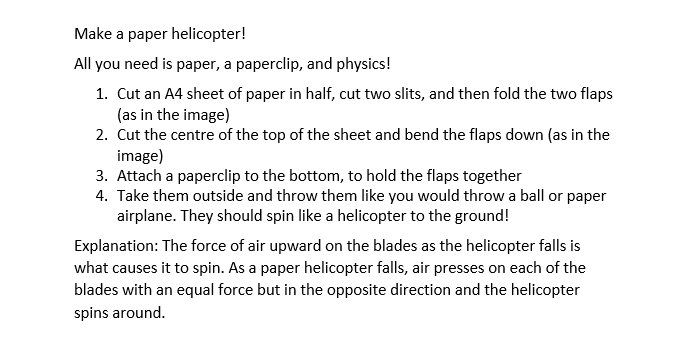 WorcsLibraries's tweet photo. Welcome to another Silly Science Saturday! This week all you need is paper, a paperclip, and physics to make a working helicopter! π #STEM #STEAM #LibrariesFromHome #SillyScienceSaturdays #SillySquad2020 #SummerReadingChallenge https://t.co/xZFVFwP6m5
