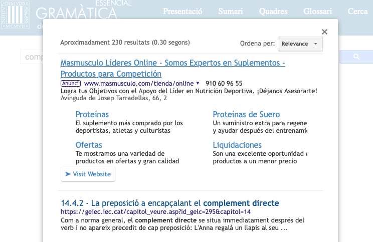 laiabalasch's tweet photo. La primera opció que apareix a la GEIEC quan busques "complement directe" és un anunci de suplements nutricionals per a esportistes. 

I si cerques "gramàtica" t'envia de patac a Amazon. 

@IEC, no es podrien retirar aquests anuncis? És com vendre's l'ànima al diable. https://t.co/7NaHlvVOIW