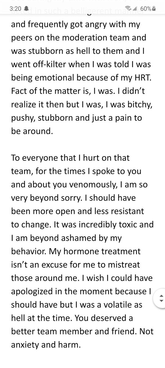 oh also just wanna clarify? we never fucking said anything like hey youre being emotional cuz of ur hrt, she jumped to that conclusion when she was told she was taking things too personally but none of us mods EVER SAID THAT or blamed her emotions on her HRT cuz? that's terrible
