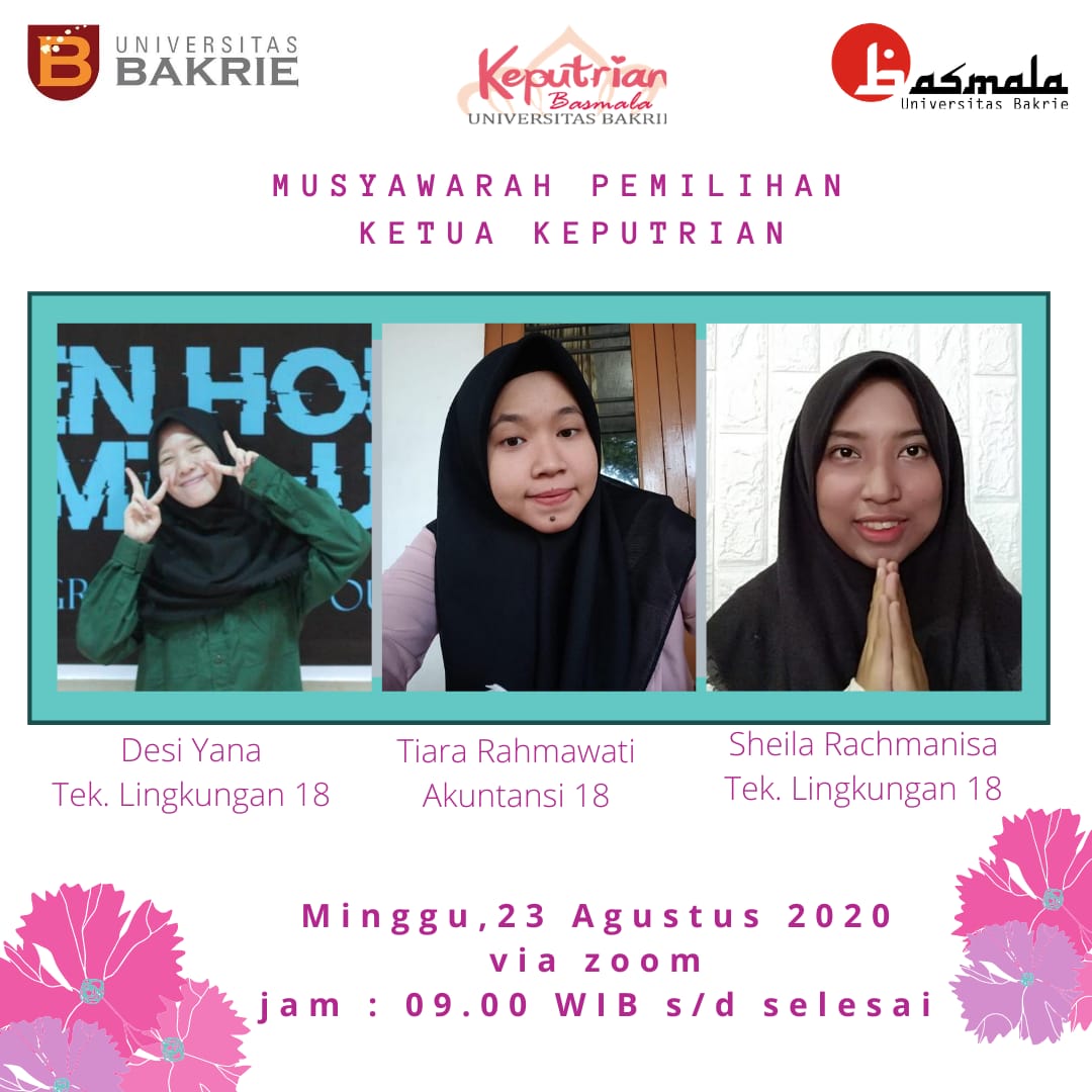 Assalamu'alaikum ukhti fillah
Barakallah wa innalillah kepada ketiga kandidat ketua keputrian LDK Basmala periode 2020/2021 yang akan dilaksankan secara online pada :

🗓️ : Minggu, 23 Agustus 2020
⏰ : 09:00 WIB s.d selesai 
📱: bit.ly/Pemilihanketua…